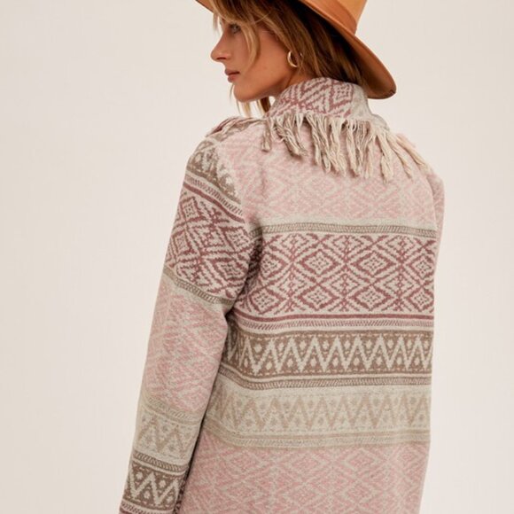 New Western Fringe Sweater Coat Southwest Boho Long Cardigan, Cowichan Vtg - Picture 5 of 10